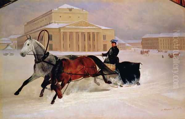 Pole Pair with a Trace Horse at the Bolshoi Theatre in Moscow, 1852 Oil Painting by Nikolai Egorovich Sverchkov