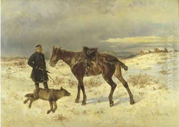 A mounted huntsman with a fallen wolf Oil Painting by Nikolai Egorovich Sverchkov