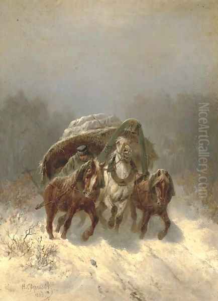 A Troika in a winter Landscape Oil Painting by Nikolai Egorovich Sverchkov