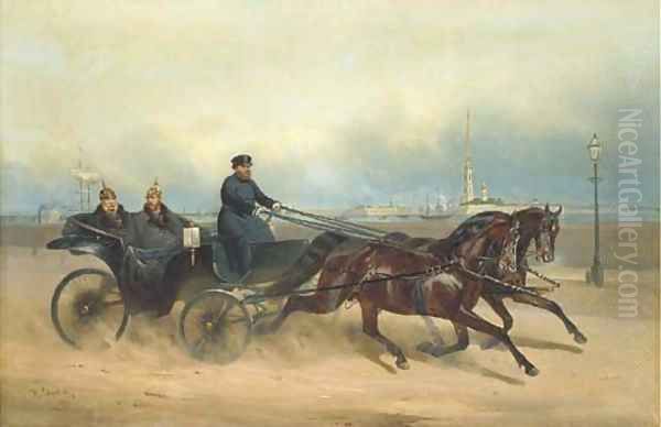 Emperor Alexander II and Kaiser Wilhelm I in a carriage with a view of the Peter-Paul Fortress, St. Petersburg Oil Painting by Nikolai Egorovich Sverchkov