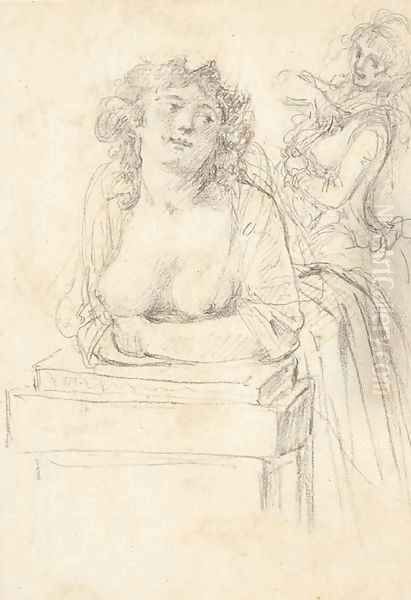 A bare-breasted woman leaning over a pedestal, another woman in the background Oil Painting by Augustin de Saint-Aubin