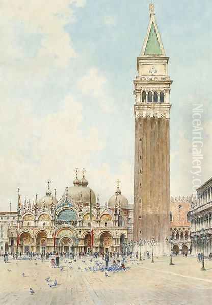 Feeding pigeons before the Basilica di San Marco Oil Painting by Rafael Senet y Perez