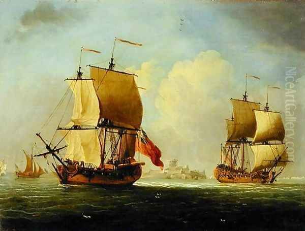 An English Sloop and a Frigate in a Light Breeze Oil Painting by Francis Swaine