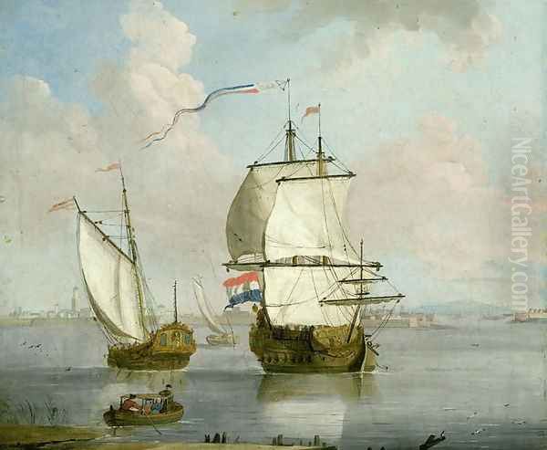 A Dutch East Indian man and a Royal Yacht in an Estuary with a Town Beyond Oil Painting by Francis Swaine