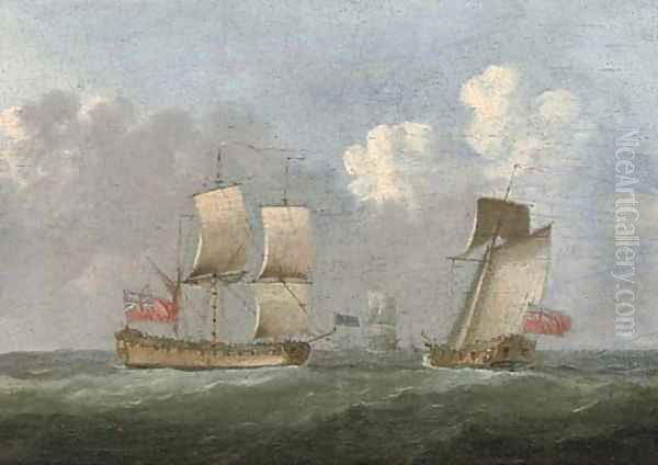 A man-o'war heaving-to for the approaching Admiralty Yacht Oil Painting by Francis Swaine