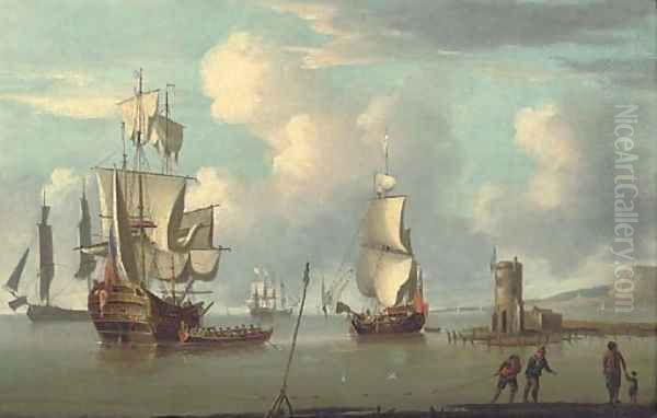 A ship's launch containing visitors pulling away from the side of an anchored man-o'war as she dries her sails amidst other vessels offshore Oil Painting by Francis Swaine