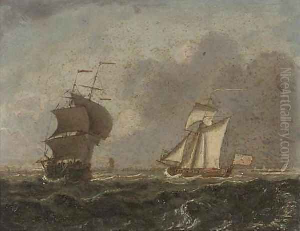 An Admiralty yacht running down the coast, astern of a frigate Oil Painting by Francis Swaine