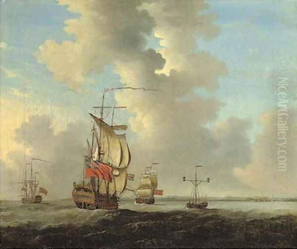 Men-o'-war, one of them lying at anchor, off Sheerness near the Nore lightship Oil Painting by Francis Swaine