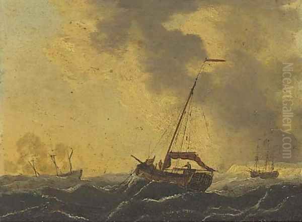 Men-o'war in coastal waters; and Shipping riding out a gale in the Channel Oil Painting by Francis Swaine