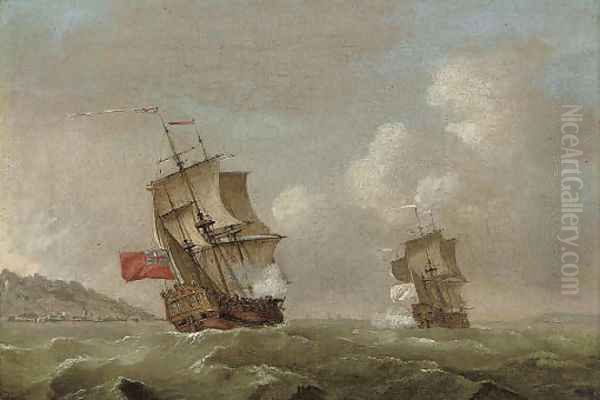 An English warship pursuing a Frenchman up the coast Oil Painting by Francis Swaine