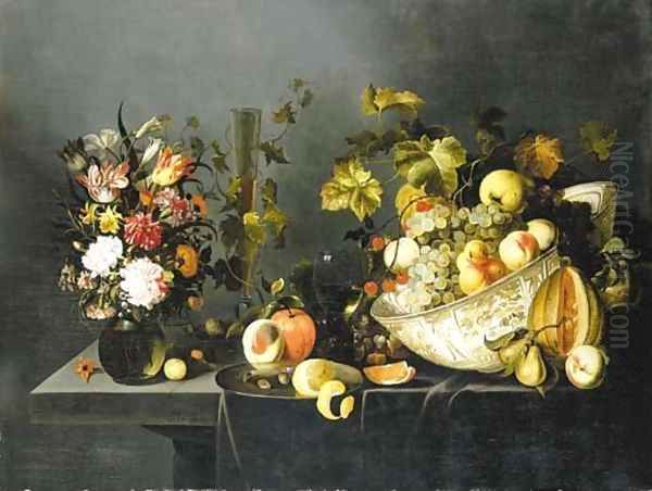 Tulips, carnations and other flowers in a vase, grapes and peaches in a porcelain bowl, with glasses of wine, a peeled lemon on a dish and other fruit Oil Painting by Michiel Simons