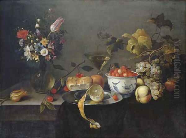 A tulip, a carnation, an iris and other flowers in a glass vase, wild strawberries in a Wan-li 'kraak' porselain bowl, a partly-peeled lemon Oil Painting by Michiel Simons