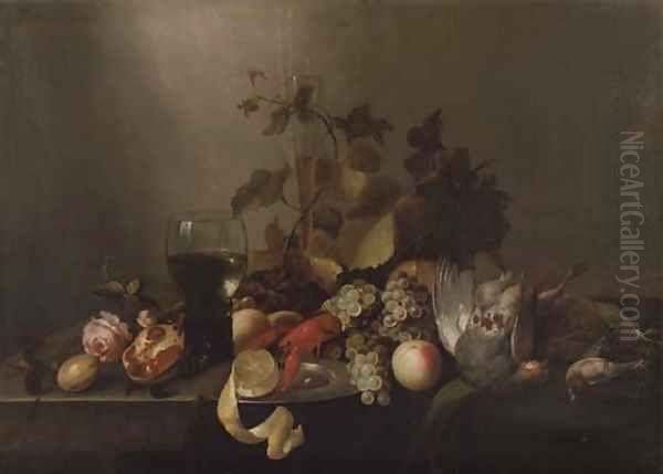 A rose, a pomegranate, a glass flute, grapes, a partly peeled lemon on a silver plate, a roemer, a lobster, peaches, a pheasant and other birds Oil Painting by Michiel Simons