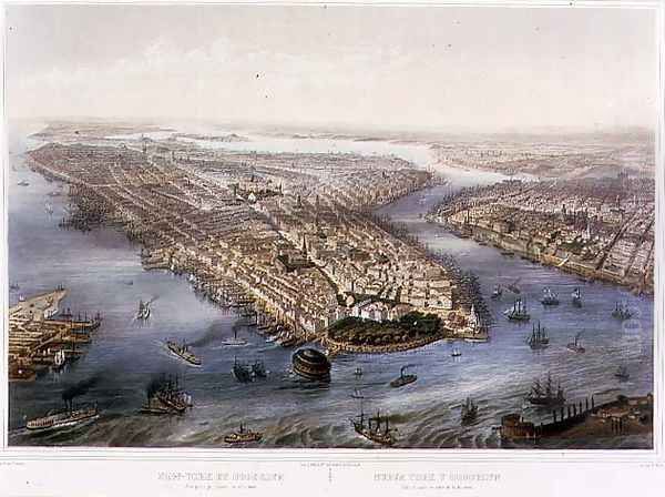 Aerial View of New York and Brooklyn, engraved by T.H Muller, pub. by L. Turgis, Paris, 1855 Oil Painting by Simpson