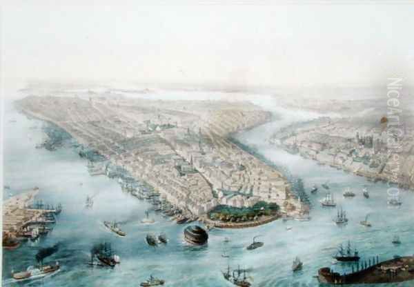 Aerial View of New York and Brooklyn, engraved by T.H. Muller, published by L. Turgis, Paris, c.1850 Oil Painting by Simpson