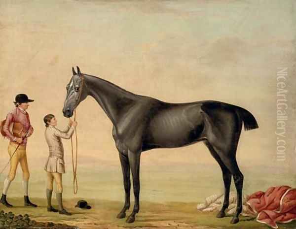 Chrysis, a grey racehorse, held by a groom, with a jockey, in a landscape Oil Painting by William Shaw