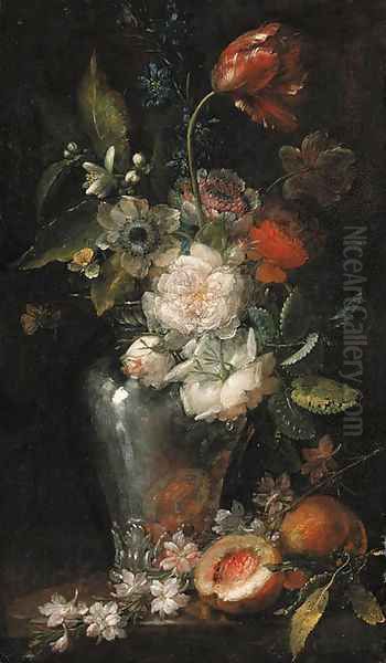 Red and white roses, tulips, anenomes, blossom and other flowers in a glass vase with peaches on a table Oil Painting by Ludovico Stern