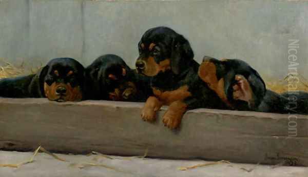 Dachshund Puppies Oil Painting by Niels Simonsen