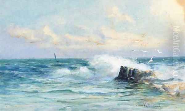 Waves crashing on the rocks with seagulls playing above Oil Painting by William Harrison Scarborough