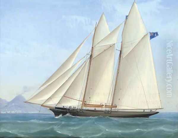 A Royal London Yacht Club racing schooner in Neapolitan waters Oil Painting by Antonio de Simone