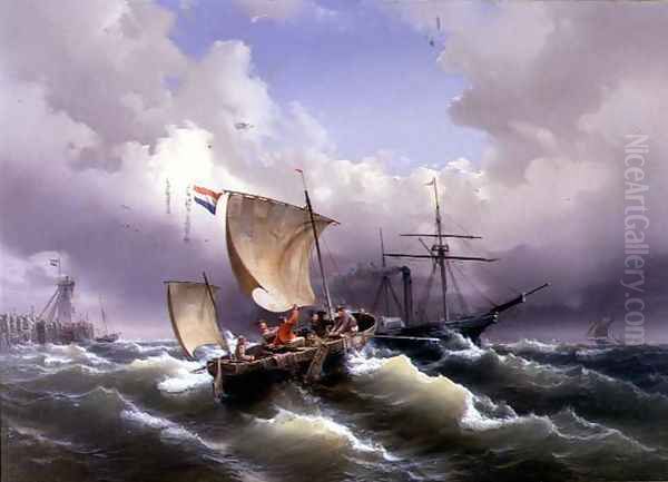 Vessels in Choppy Water off a Coastline Oil Painting by Eduard Schmidt