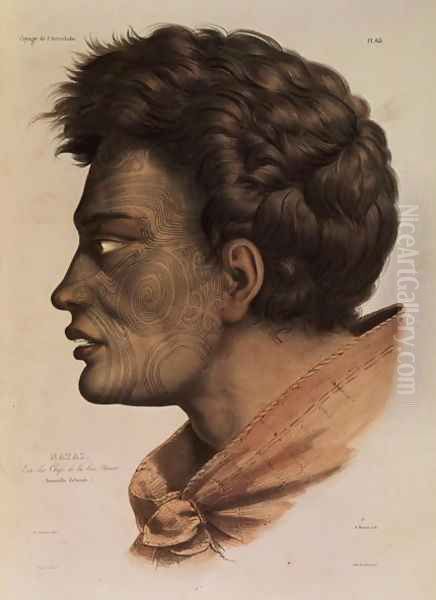 Natai, a Maori chief from Bream Bay, New Zealand, plate 63 from Voyage of the Astrolabe, engraved by Victor Adam, 1833 Oil Painting by Sainson, Louis Auguste de