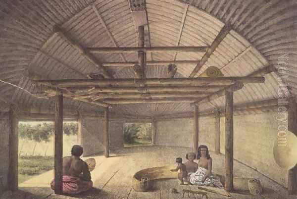 Interior view of the house of Chief Palous wives, Tonga Tabou, plate 73 from Voyage de la corvette lAstrolabe. Atlas historique, engraved by Jules David, pub. 1833 Oil Painting by Sainson, Louis Auguste de