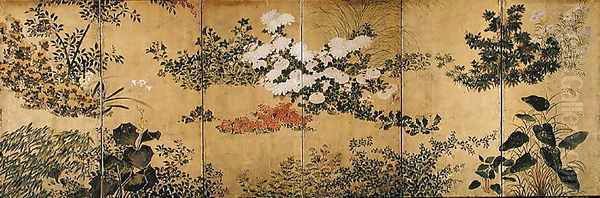 Six-Fold Screen depicting Flowering Plants in the Four Seasons, early Edo Period Oil Painting by Nonomura Sotatsu