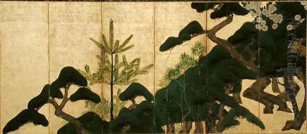 Six-Fold Screen depicting Pine and Cherry Blossoms, Edo Period Oil Painting by Nonomura Sotatsu