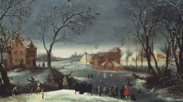 Winter Landscape with Skaters Oil Painting by Adriaen van Stalbempt