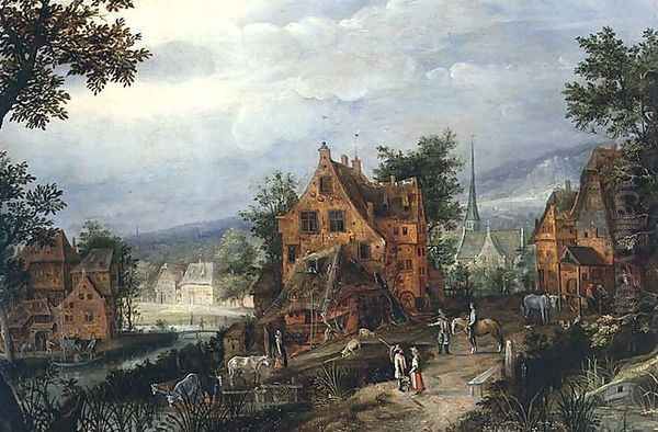 Village Scene with Figures Oil Painting by Adriaen van Stalbempt