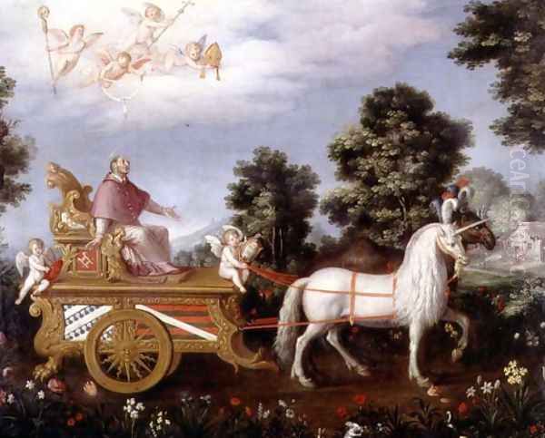 St Carlo Borremeo 1538-84 enthroned on a triumphal chariot Oil Painting by Adriaen van Stalbempt