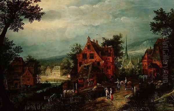 Village Landscape with Peasants Oil Painting by Adriaen van Stalbempt