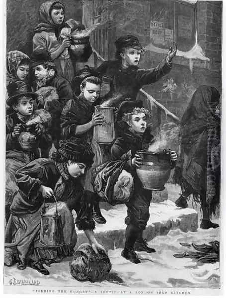 Feeding the Hungry, A London Soup Kitchen, 1880 Oil Painting by Charles J. Staniland