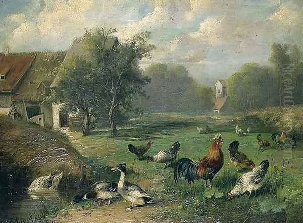 Duck and poultry by a pond Oil Painting by Julius Scheuerrer