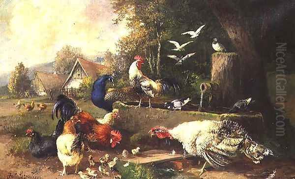 Poultry by a Pump Oil Painting by Julius Scheuerrer