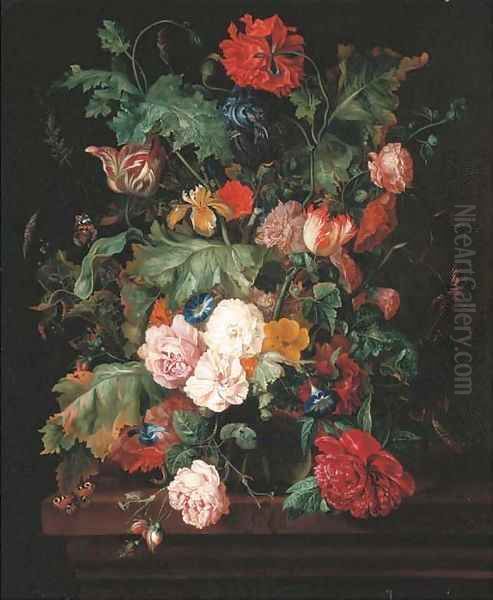 Roses, a lily and convulvulus in a glass vase, with two red admiral butterflies and a caterpillar, on a wooden ledge Oil Painting by Ernst Stuven