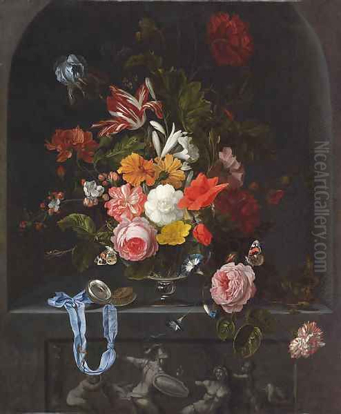 A parrot tulip, an iris, poppies, roses and other flowers in a glass vase with a pocket-watch and two butterflies in a niche Oil Painting by Ernst Stuven