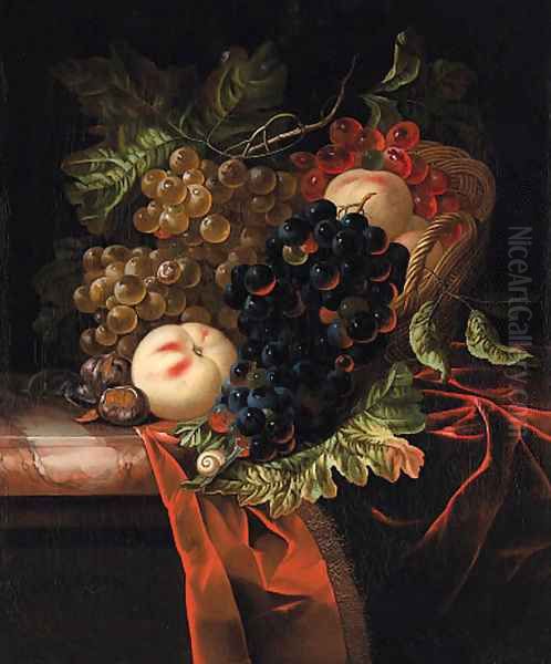 A still life of fruitgrapes and peaches in a basket on a draped marble ledge, with a mouse eating chestnuts Oil Painting by Ernst Stuven