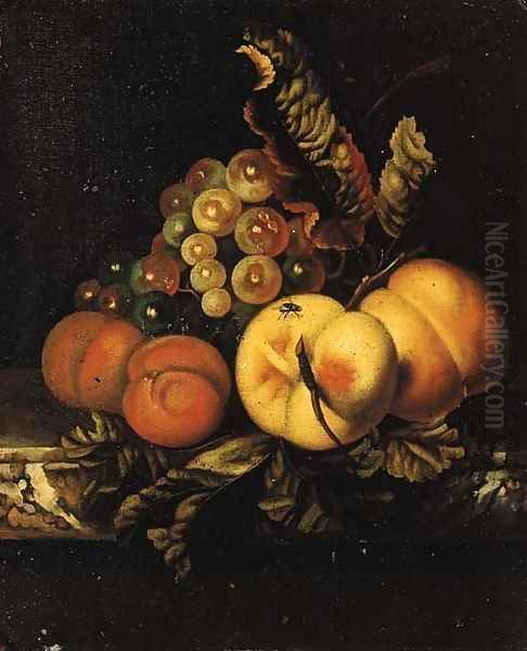 Peaches, apricots and grapes on a marble ledge Oil Painting by Ernst Stuven