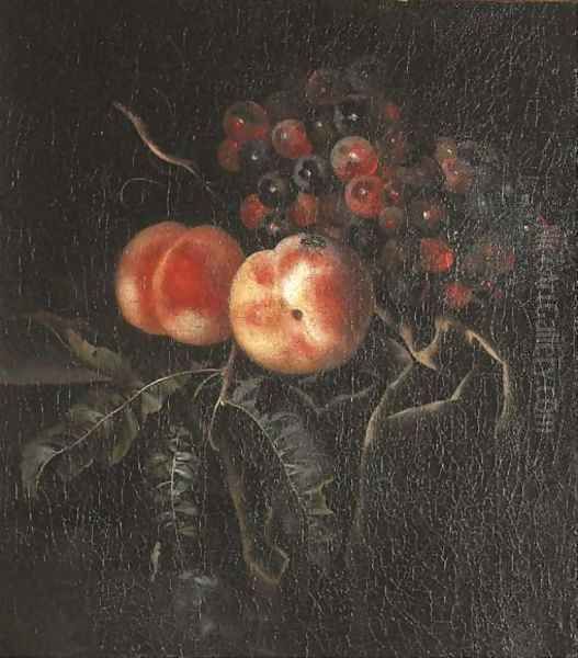 Peaches and grapes with a fly on a draped ledge Oil Painting by Ernst Stuven