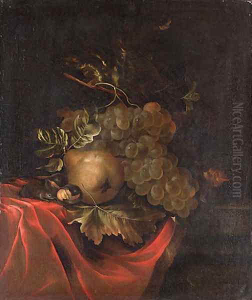 Grapes, a pear, a mouse and nuts on a partly draped ledge Oil Painting by Ernst Stuven