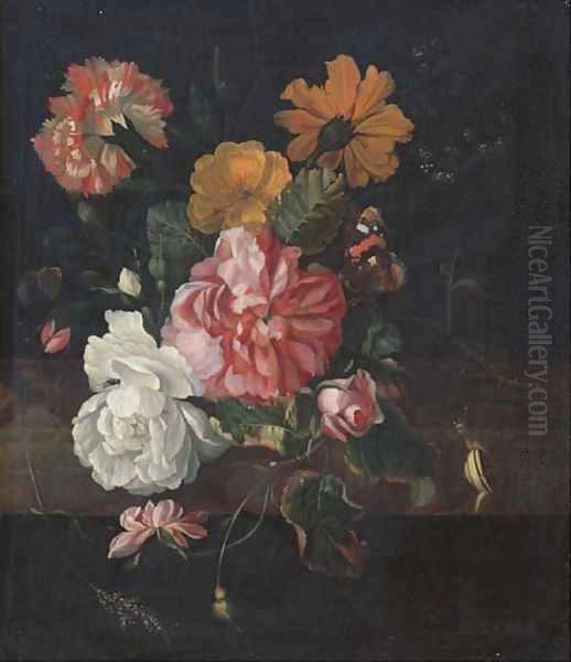 Roses with a butterfly, a bluebottle and a snail on a stone ledge Oil Painting by Ernst Stuven