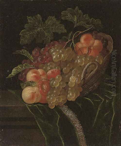 A pomegranate, apricots, grapes and peaches in a wicker basket on a partly-draped stone ledge Oil Painting by Ernst Stuven