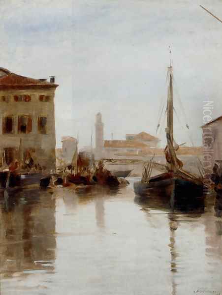 Vessels Moored On A Venetian Backwater Oil Painting by Adolf Schwarz