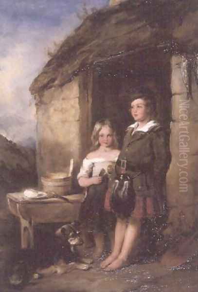 Highland Children at the door of a Bothy, 1846 Oil Painting by William Simson