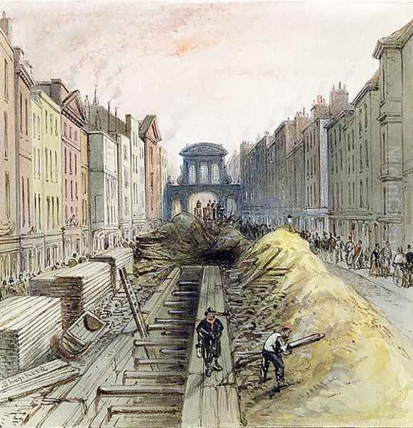 Fleet Street with the New Common Sewer under Construction, 1845 Oil Painting by Fred Shepherd