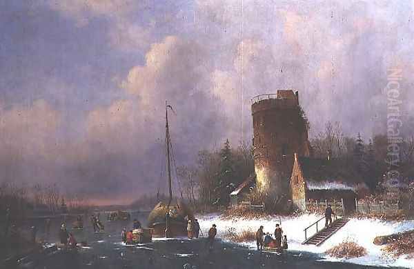 Dutch Winter Scene Oil Painting by Louis Smets