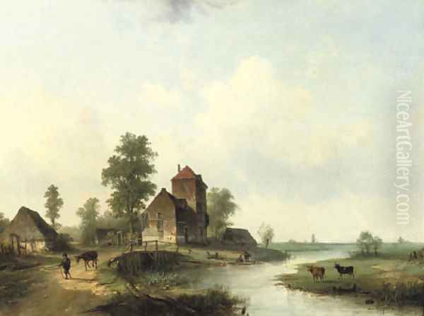 A polder landscape with figures by a bridge Oil Painting by Louis Smets