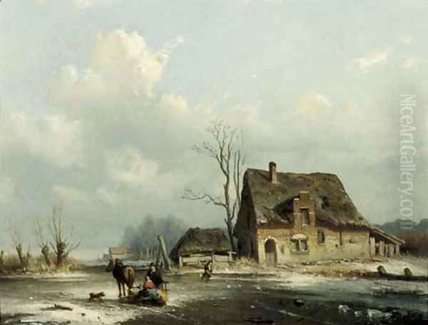 A horse-drawn-sledge on a frozen waterway Oil Painting by Louis Smets